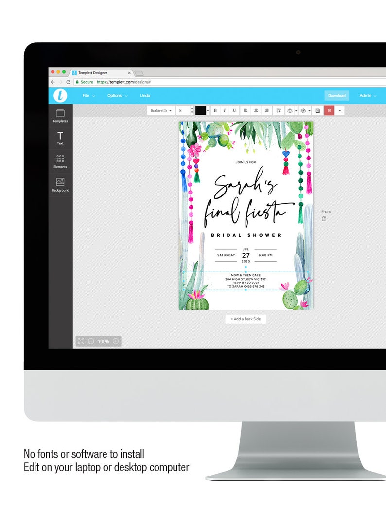 May include: A digital template for a bridal shower invitation with a watercolor cactus design. The text reads "Join us for Sarah's final fiesta Bridal Shower Saturday, July 27, 4:00 PM Now & Then Cafe 204 High St, Kew VIC RSVP by 20 July to Sarah 0455 678 543"