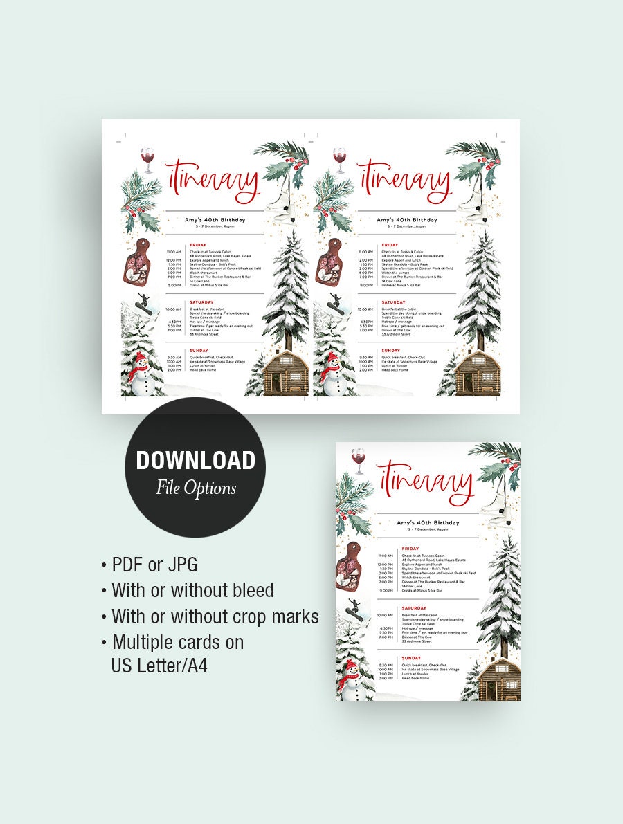 Ski Trip Itinerary Template Birthday Weekend Aspen Etsy