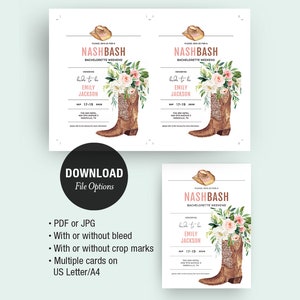 May include: A printable bachelorette party invitation with a watercolor illustration of a brown cowboy boot with pink and white flowers. The text on the invitation reads "Please join us for a Nashbash Bachelorette Weekend Honoring Bride to be Emily Jackson Sep 17-19 2020".