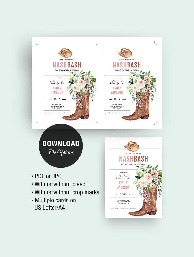 May include: A printable bachelorette party invitation with a watercolor illustration of a brown cowboy boot with pink and white flowers. The text on the invitation reads "Please join us for a Nashbash Bachelorette Weekend Honoring Bride to be Emily Jackson Sep 17-19 2020".