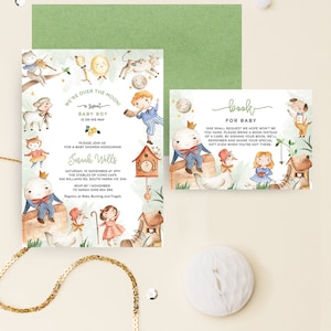 Boek baby shower uitnodiging met boeken voor baby, details kaart, kinderliedje, meisje jongen genderneutraal, DIY sjabloon, Instant Download NRHY01