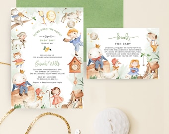 May include: A baby shower invitation with a whimsical illustration of a baby boy on a moon with stars and animals. The invitation is green and white with the text "We're over the moon! A sweet baby boy is on his way." and "Please join us for a baby shower honouring Saraah Wells".