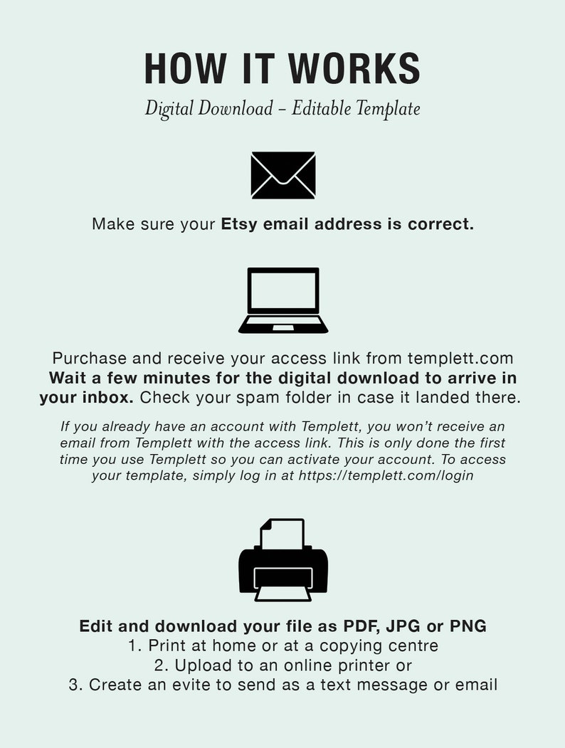 May include: A graphic with instructions on how to download and edit a digital template. The graphic includes icons of an email, a laptop, and a printer. The text reads "HOW IT WORKS", "Digital Download - Editable Template", "Make sure your Etsy email address is correct.", "Purchase and receive your access link from templett.com", "Wait a few minutes for the digital download to arrive in your inbox. Check your spam folder in case it landed there.", "If you already have an account with Templett, you won't receive an email from Templett with the access link. This is only done the first time you use Templett so you can activate your account. To access your template, simply log in at https://templett.com/login", "Edit and download your file as PDF, JPG or PNG", "1. Print at home or at a copying centre", "2. Upload to an online printer or", "3. Create an evite to send as a text message or email"