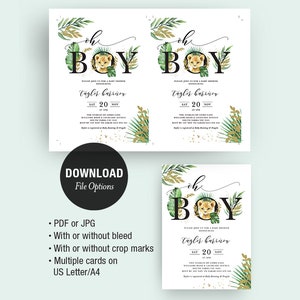 May include: Printable baby shower invitation with a jungle theme. The invitation features a lion cub, green leaves, and gold accents. The text on the invitation reads "Oh Boy!" and "Tagler Harrison".