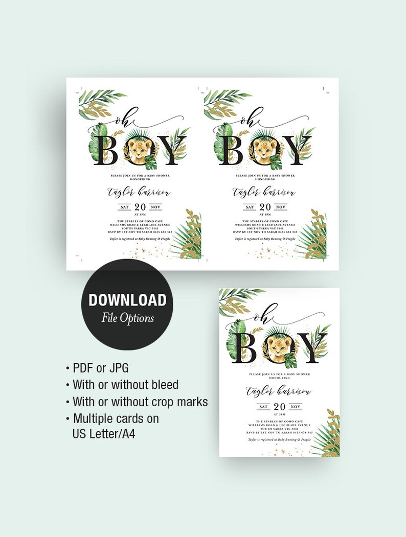 May include: Printable baby shower invitation with a jungle theme. The invitation features a lion cub, green leaves, and gold accents. The text on the invitation reads "Oh Boy!" and "Tagler Harrison".
