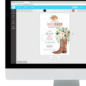 May include: A pink and white floral design bachelorette party invitation with a cowboy boot and hat. The invitation says "Please join us for a Nashbash Bachelorette Weekend honoring Emily Jackson Sep 17-19 2020".
