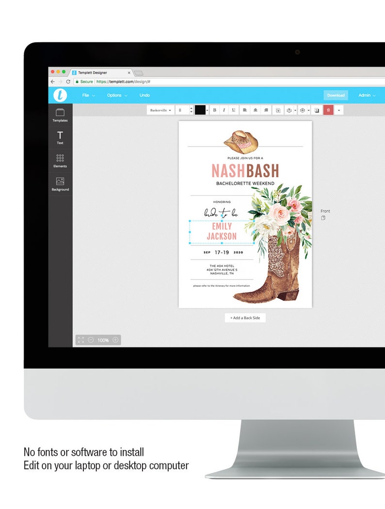 May include: A pink and white floral design bachelorette party invitation with a cowboy boot and hat. The invitation says "Please join us for a Nashbash Bachelorette Weekend honoring Emily Jackson Sep 17-19 2020".