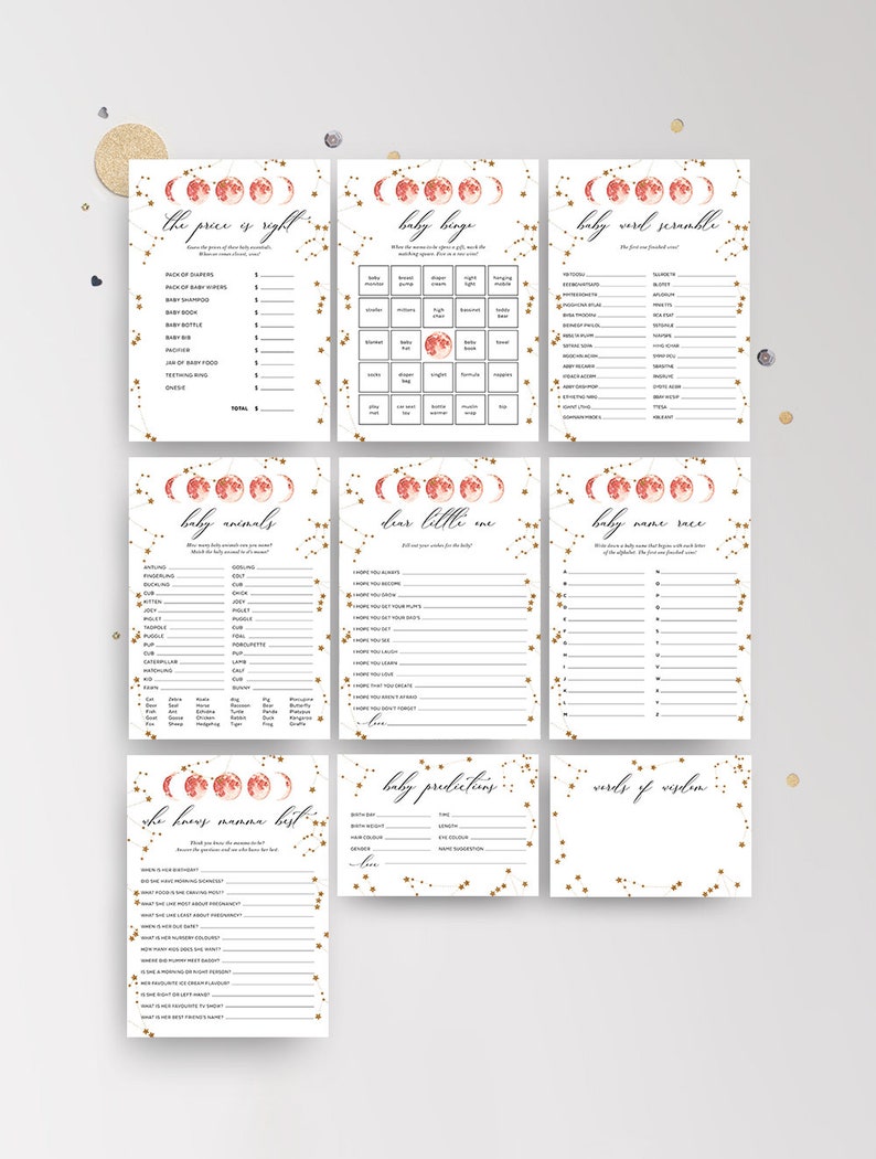 9 GAMES BUNDLE Activity Pack Space Star Girl Decor Celestial Over the Moon Instant Download CEL0P Editable Template Baby Shower
