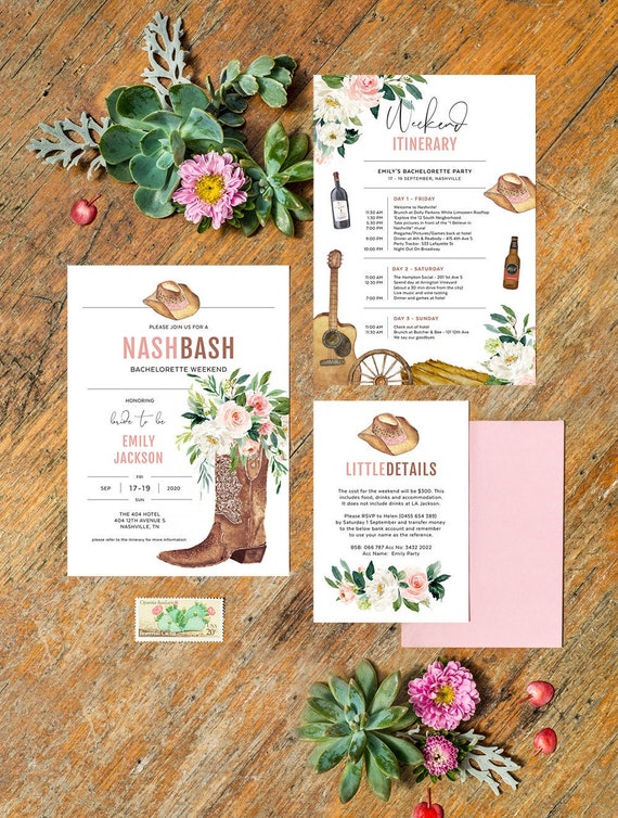 Nashville Bachelorette Invitation with Itinerary Template, Music, Country Guitar, Cowgirl Bridal Shower, Printable, Instant Download, NASH01
