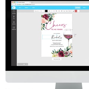 May include: A digital invitation template for a 40th birthday party. The invitation features a watercolor floral design with burgundy and pink flowers, greenery, and a glass of red wine. The text reads "Cheers to 40 Years" and "Rachel's 40th Birthday".