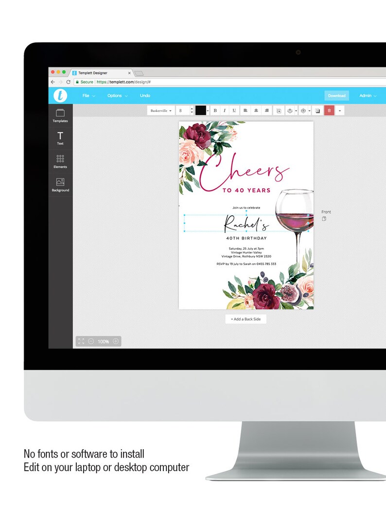 May include: A digital invitation template for a 40th birthday party. The invitation features a watercolor floral design with burgundy and pink flowers, greenery, and a glass of red wine. The text reads "Cheers to 40 Years" and "Rachel's 40th Birthday".