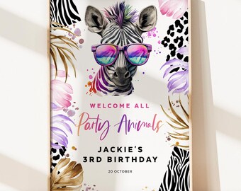 Welcome Sign, Zebra Poster, Party Animal Birthday Signage, Jungle Leaf, Safari, Zebra print, Editable Template, 18x24, 24x36, A2, A1 LEOP01