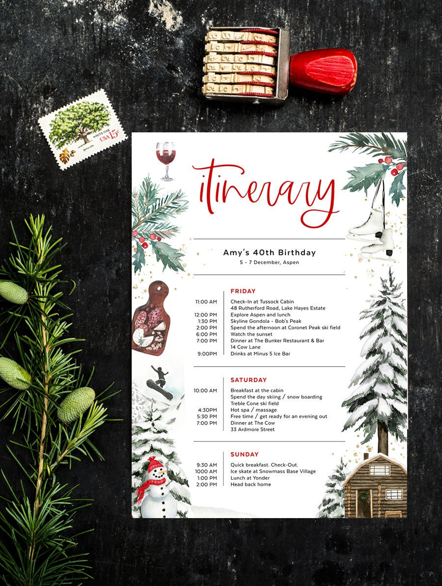 Ski Trip Itinerary Template Birthday Weekend Aspen Etsy