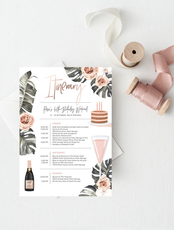 Birthday Itinerary Template, Surprise Weekend, Agenda, Beach.