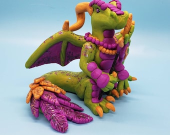 OOAK Green and Purple Mardi Gras Themed Clay Dragon Figurine