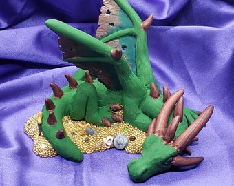 OOAK Treasure Hoarding Green Dragon, Polymer Clay Figurine