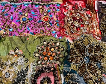 1/2 POUND Vintage Beaded Boho snippet Clusters Lot, 8.ounces Junk Journal Embellishments, Textile Bundle Bohemian Material, India Textiles