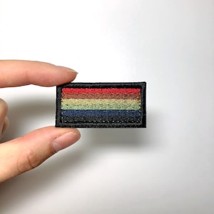 May include: A rectangular embroidered patch featuring a rainbow flag design. The patch has a black border and displays horizontal stripes in red, orange, brown, yellow, green, blue, and black. The patch is held between two fingers.