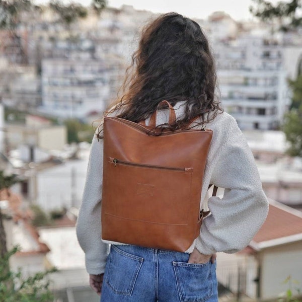 Tan Leather Vegan Backpack,Big Laptop Rucksack,Brown Vegan Leather Purse,Water Resistant Camera Bag,Casual Handbag,Unisex Minimalist bag