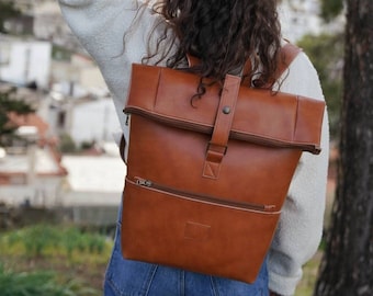 Tan Leather Roll top Backpack,Cognac Faux Leather backpack,Vegan Leather,Foldover Rucksack,Travel bag,Water Resistant backpack,vegan handbag