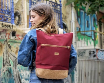 Canvas Cork Backpack,Eco Friendly Bag,Burgundy Rucksack,Laptop Camera Bag,Women Backpack,Vegan gift for her,Backpack Boho Zipper Pocket