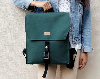 Emerald Green Vegan Backpack,Forest Green Water Resistant Flap Knapsack,Canvas Rucksack,Travel Satchel bag,Cordura fabric,Outdoor backpack