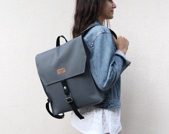 Grey flap Backpack/vegan knapsack/Office backpack City/Day bag vegan/Water Resistant bag minimalist rucksack/canvas satchel/sakkahandmade