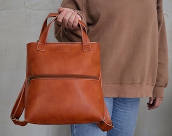 Small Convertible Shoulder Tote Bag,Cognac Vegan Leather Backpack Purse,Crossbody Handmade Bag,Cruelty Free Handbag,Water Resistant Bag
