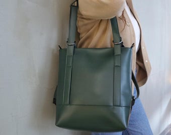 Convertible Backpack Women,Vegan Leather Laptop Bag,Shoulder Tote,Forest Dark Green Handbag,Handmade Shopper Purse,Water Resistant Rucksack