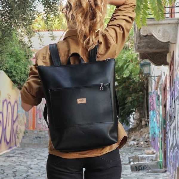 Black Leather Backpack,Laptop Rucksack,Vegan Leather Purse,Water Resistant Camera Bag,Structured Handbag,Minimalist bag, Unisex Backpack