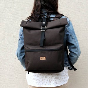 Brown Roll Top Backpack,Water resistant Rucksack,Vegan bag,Large knapsack,Canvas purse,Urban daypack,Casual unisex bag