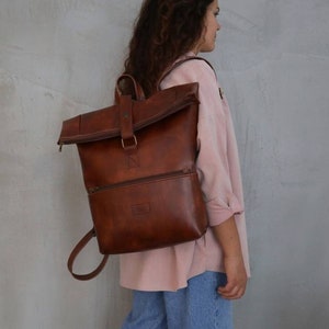 Vegan Leather Backpack,Roll Top Rucksack,Brown leather Bag,Water resistant Rucksack,Large Daypack, Camera Backpack,Laptop Zipper Bag