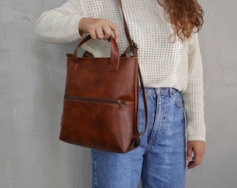 Small Convertible Backpack Shoulder Bag,Crossbody Brown Vegan Leather Purse,Handmade Tote Bag,Cruelty Free Handbag,Water Resistant Women Bag