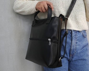 Small Convertible Shoulder Tote Bag,Black Vegan Leather Backpack Purse,Crossbody Messenger Bag,Cruelty Free Handbag,Water Resistant Lady Bag