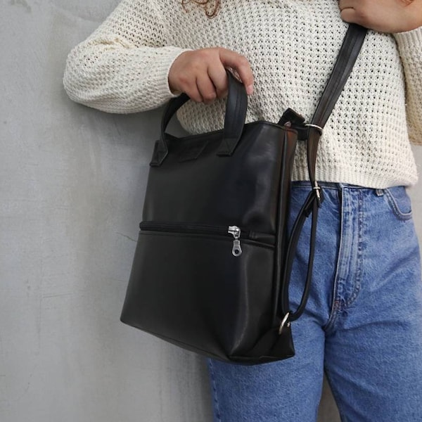 Small Convertible Shoulder Tote Bag,Black Vegan Leather Backpack Purse,Crossbody Messenger Bag,Cruelty Free Handbag,Water Resistant Lady Bag