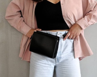 Black vegan leather fanny pack,Belt Bag,Zipper convertible chest bag with removable strap,Waist bag,Bum bag,Vegan leather purse,Black clutch