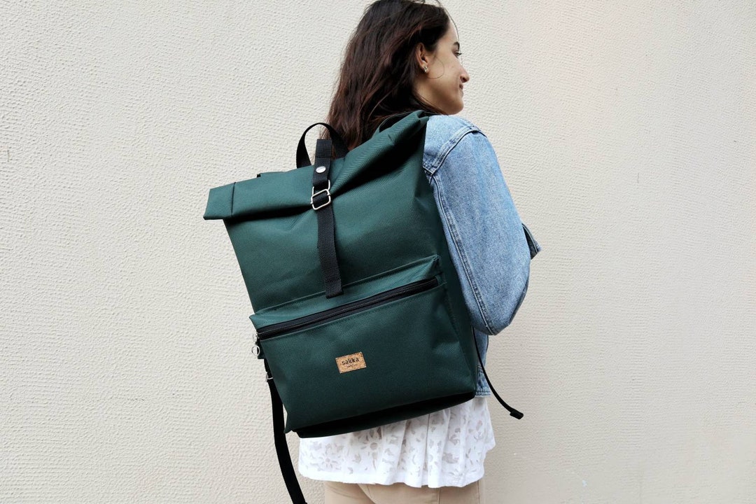 Emerald Green Roll Top Backpack, Forest Green Bag With Zipper Pocket