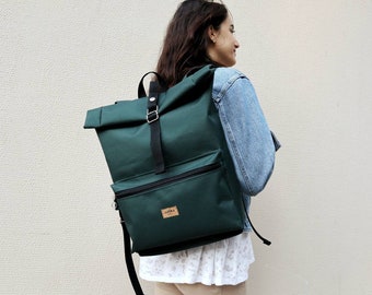 Emerald Green Roll top Backpack, Forest Green Bag with Zipper Pocket,Large Rucksack Water Resistant,Travel backpack,Business Weekender bag