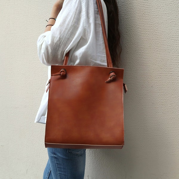 Shoulder leather bag,Vegan leather handbag,Tan leather purse,Tote bag with pocket,Leather purse,Faux leather handbag,Minimalist knot bag