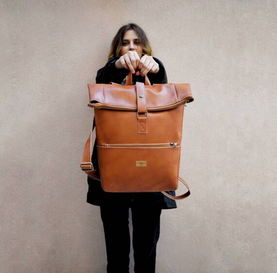 Tan Leather Roll Top Backpackcognac 