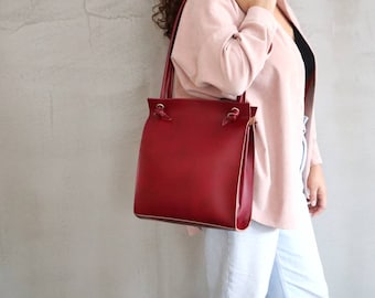 Shoulder Bag,Vegan Faux leather handbag,Burgundy leather purse,Tote bag zipper pocket,Dark Red Handbag,Minimalist knot bag,vegan gift women