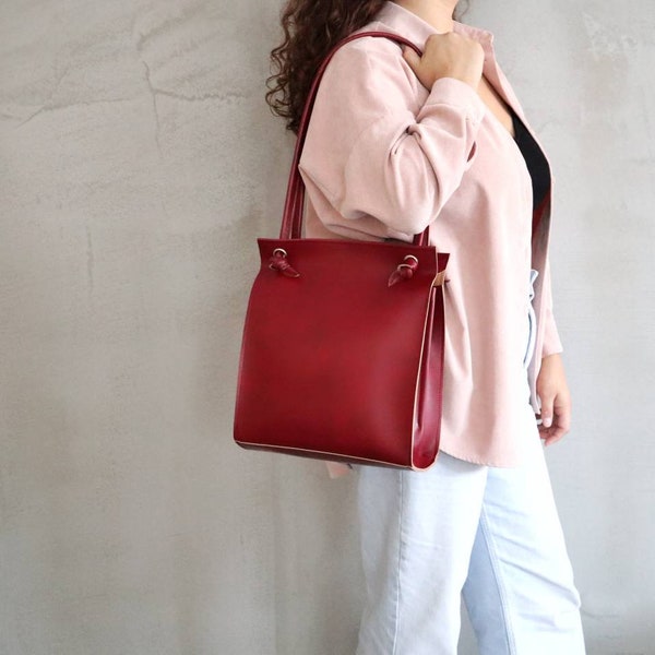 Shoulder Bag,Vegan Faux leather handbag,Burgundy leather purse,Tote bag zipper pocket,Dark Red Handbag,Minimalist knot bag,vegan gift women