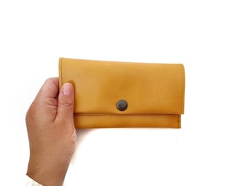 Cartera de cuero vegano, estuche de tabaco, cuero amarillo mostaza, estuche de monedas de cuero ecológico vegano, billetera delgada larga grande, bolsillo con cremallera, billetera unisex