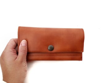 Cartera de coñac, caja de tabaco, cartera de monedas de cuero ecológico vegano bronceado, cartera delgada larga grande, billetera grande con bolsillo con cremallera, billetera unisex, regalo vegano