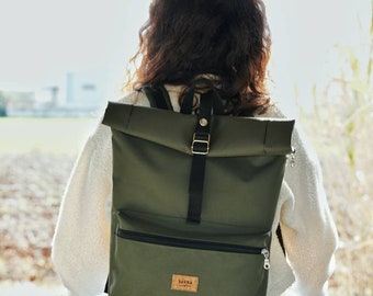 Olive Green Roll Top Backpack/Cordura water resistant backpack purse/Laptop backpack/Minimalist Weekender bag/travel backpack/sakkahandmade