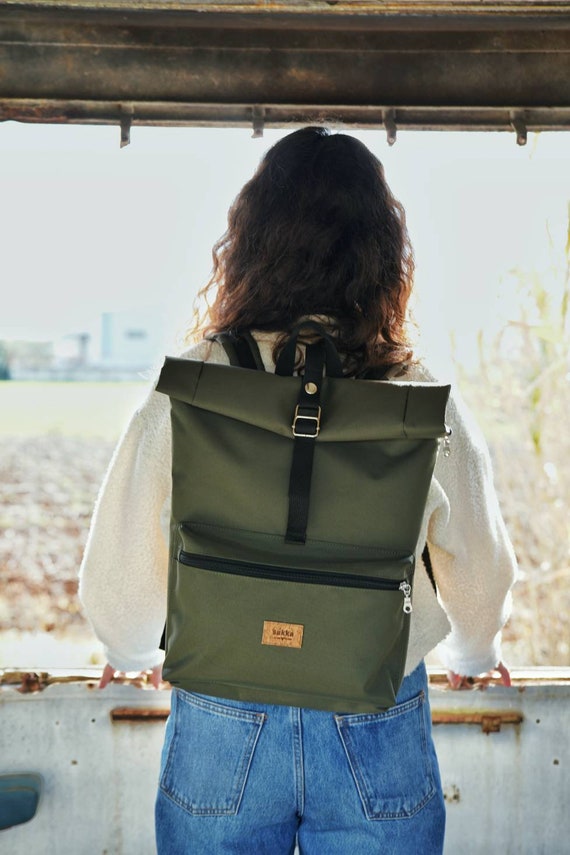 WMNS Quilted and Studded Backpack - Folded Front Design / Green