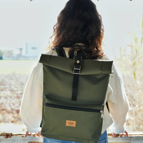 Olivgrüner Roll-Top-Rucksack/wasserabweisender Cordura-Rucksack/Laptop-Rucksack/minimalistische Weekender-Tasche/Reiserucksack/Sakkahandmade