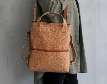 Cork Convertible Backpack,Vegan Leather Shoulder Bag,Crossbody Bag,Top Handle Purse,Eco Leather Handbag,Handmade Tote Bag,Water Resistant