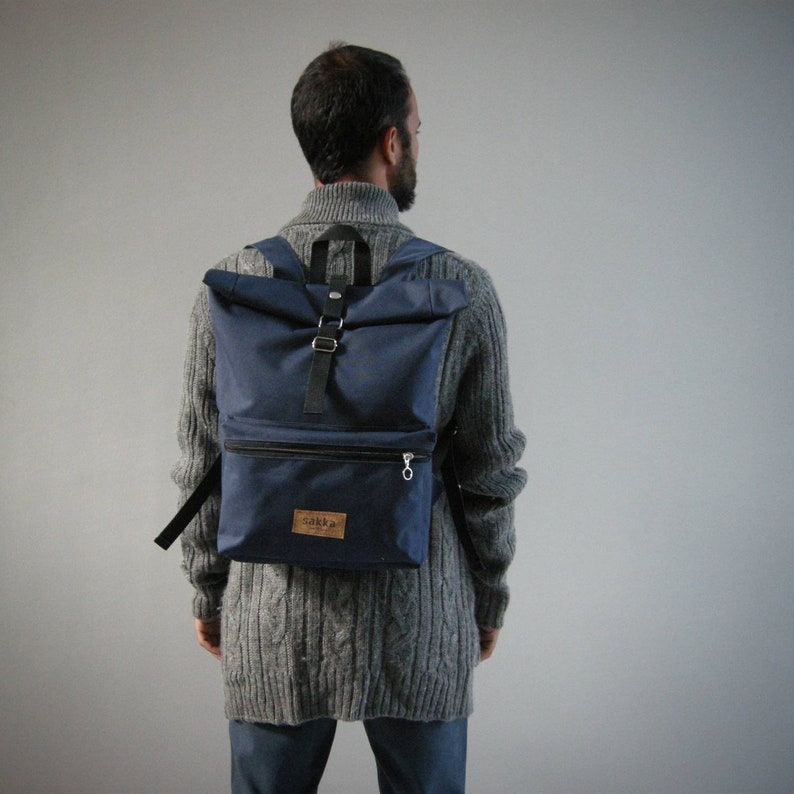 Blue Roll Top BackpackVegan BackpackZip PocketCordura BackpackRoll top rucksackTravel BackpackDaily backpack sakkahandmade egst