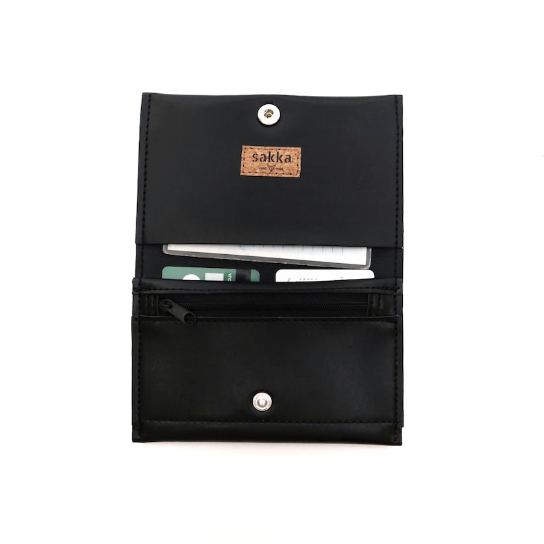 Cartera negra, Cartera de monedas de cuero vegano, Titular de la tarjeta, Cartera de viaje simple, Cartera corta y delgada con bolsillo con cremallera, Unisex, Hombres de regalo veganos imagen 2